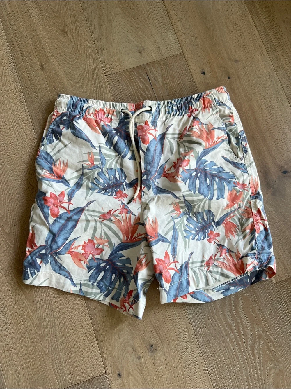 American Eagle Outfitters Floral Swim Trunks - Cream with Blue & Coral Print